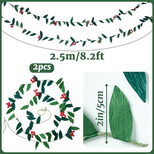 Christmas Banner Garlands 2 Pcs, with Handcrafted Paper Leaves and Decorative Red Berries, Paper Greenery, alternate view 3