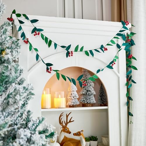 Christmas Banner Garlands 2 Pcs, with Handcrafted Paper Leaves and Decorative Red Berries, Paper Greenery, alternate view 4