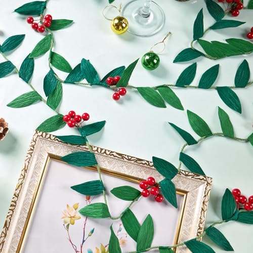Christmas Banner Garlands 2 Pcs, with Handcrafted Paper Leaves and Decorative Red Berries, Paper Greenery, alternate view 5