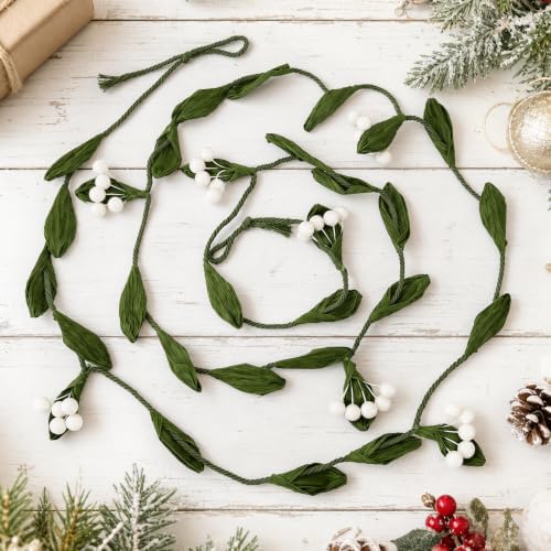 Christmas Banner Garlands 2 Pcs, with Handcrafted Paper Leaves and Decorative White Berries, Paper Greenery
