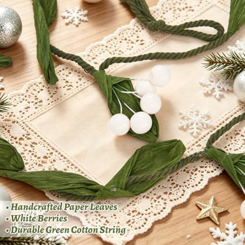 Christmas Banner Garlands 2 Pcs, with Handcrafted Paper Leaves and Decorative White Berries, Paper Greenery, alternate view 5