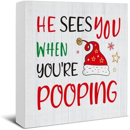 Christmas Bathroom Decorations, Funny Christmas Wood Sign Decor 5x5 Inches in 5x5 Inches