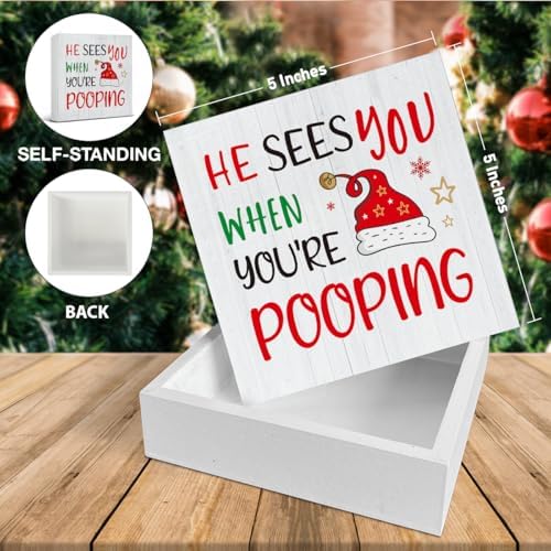 Christmas Bathroom Decorations, Funny Christmas Wood Sign Decor 5x5 Inches in 5x5 Inches, alternate view 2