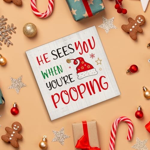 Christmas Bathroom Decorations, Funny Christmas Wood Sign Decor 5x5 Inches in 5x5 Inches, alternate view 4