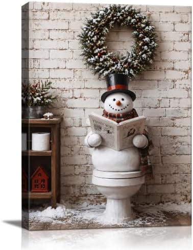 Christmas Bathroom Wall Art, Funny Snowman On Toilet Canvas Wall Art