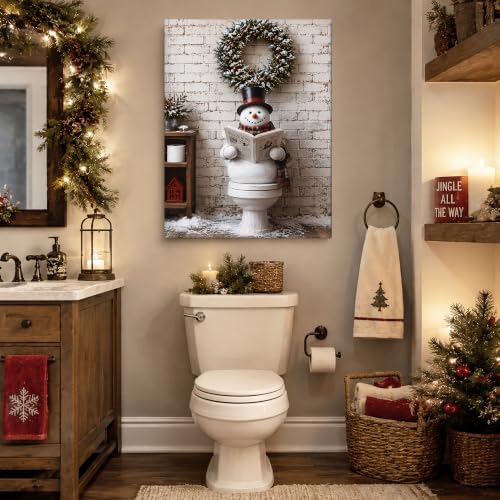 Christmas Bathroom Wall Art, Funny Snowman On Toilet Canvas Wall Art, alternate view 2