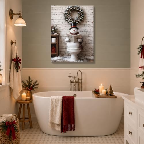 Christmas Bathroom Wall Art, Funny Snowman On Toilet Canvas Wall Art, alternate view 3