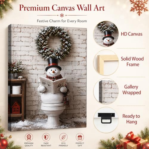 Christmas Bathroom Wall Art, Funny Snowman On Toilet Canvas Wall Art, alternate view 5