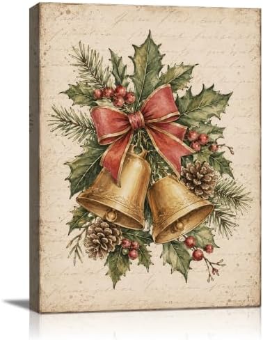 Christmas Bells Canvas Wall Art, Holly Pinecone Red Bow Canvas Prints