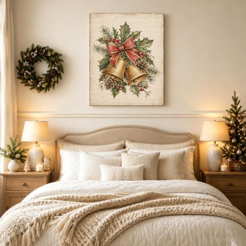 Christmas Bells Canvas Wall Art, Holly Pinecone Red Bow Canvas Prints, alternate view 3
