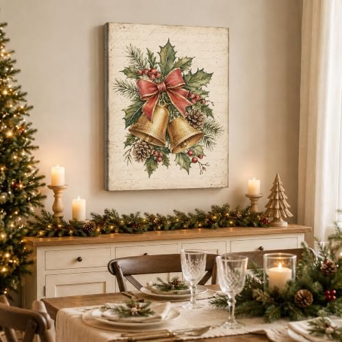 Christmas Bells Canvas Wall Art, Holly Pinecone Red Bow Canvas Prints, alternate view 4