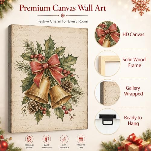 Christmas Bells Canvas Wall Art, Holly Pinecone Red Bow Canvas Prints, alternate view 5