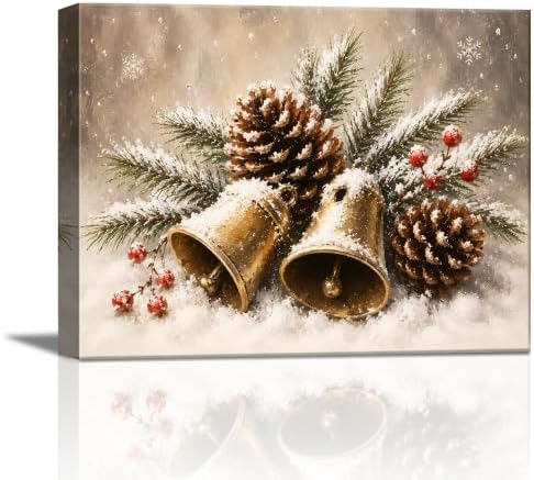 Christmas Bells Canvas Wall Art, Snow‐Covered Golden Bells Canvas Prints