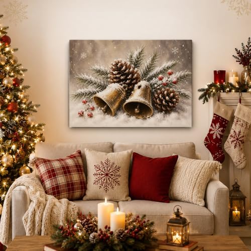 Christmas Bells Canvas Wall Art, Snow‐Covered Golden Bells Canvas Prints, alternate view 2