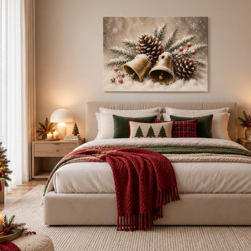 Christmas Bells Canvas Wall Art, Snow‐Covered Golden Bells Canvas Prints, alternate view 3