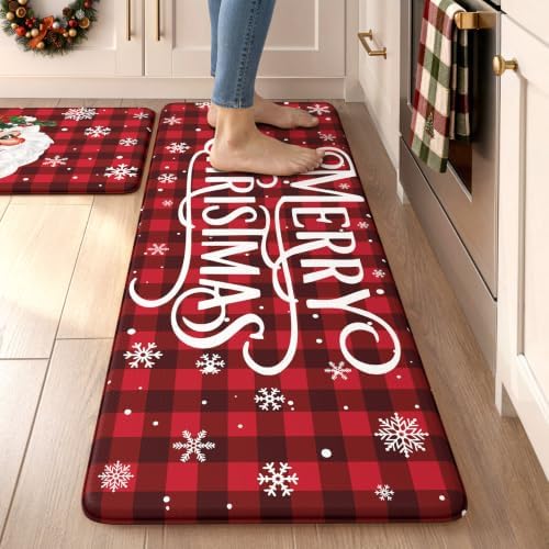 Christmas Buffalo Plaid Kitchen Mats Santa Claus Kitchen Rugs Sets