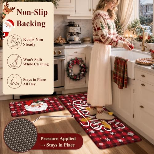 Christmas Buffalo Plaid Kitchen Mats Santa Claus Kitchen Rugs Sets, alternate view 3