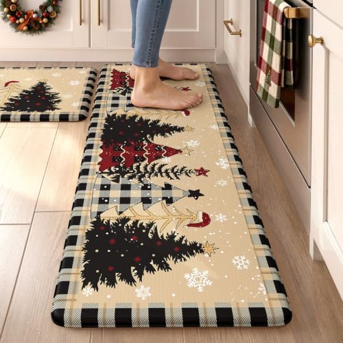 Christmas Buffalo Plaid Tree Kitchen Mats for Floor 17"x47"+17"x29"