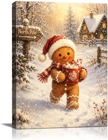 Christmas Canvas Wall Art, Gingerbread Man with Santa Hat Canvas Prints