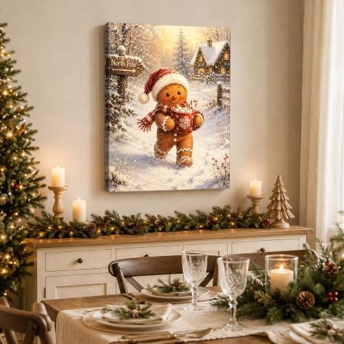 Christmas Canvas Wall Art, Gingerbread Man with Santa Hat Canvas Prints, alternate view 4