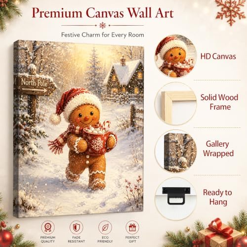 Christmas Canvas Wall Art, Gingerbread Man with Santa Hat Canvas Prints, alternate view 5