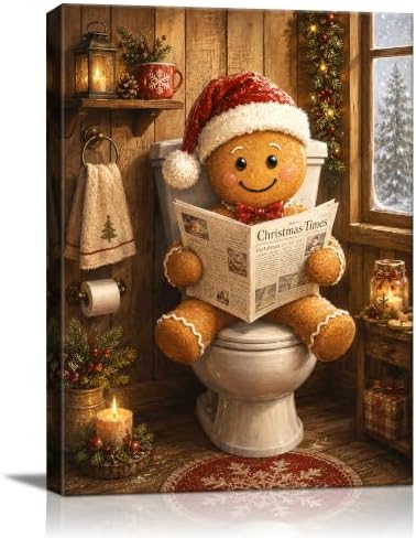Christmas Canvas Wall Art, Gingerbread on Toilet Reading Canvas Prints