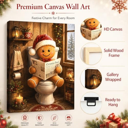 Christmas Canvas Wall Art, Gingerbread on Toilet Reading Canvas Prints, alternate view 5