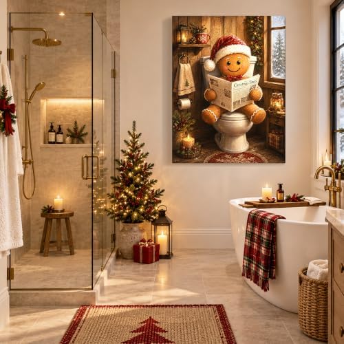 Christmas Canvas Wall Art, Gingerbread on Toilet Reading Canvas Prints, alternate view 6