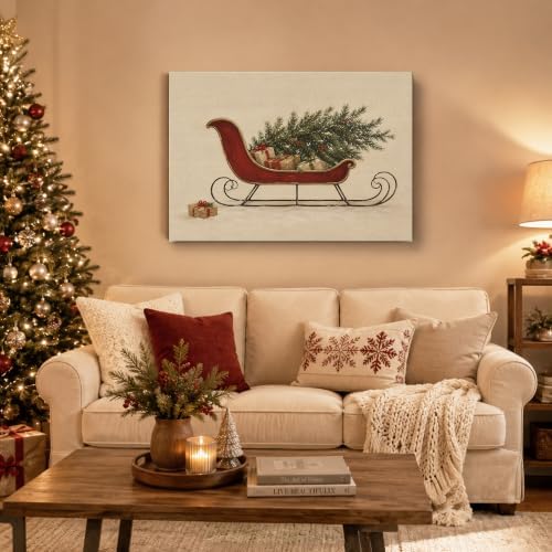 Christmas Canvas Wall Art, Red Sleigh With Gifts Box Holiday Canvas Prints, alternate view 2