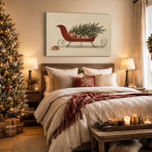 Christmas Canvas Wall Art, Red Sleigh With Gifts Box Holiday Canvas Prints, alternate view 3