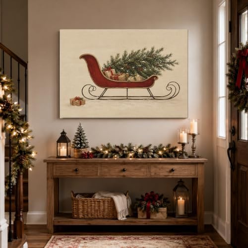 Christmas Canvas Wall Art, Red Sleigh With Gifts Box Holiday Canvas Prints, alternate view 4
