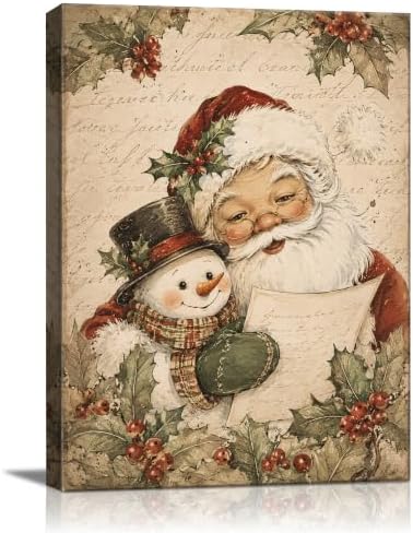 Christmas Canvas Wall Art, Santa Claus with Cute Snowman Canvas Prints