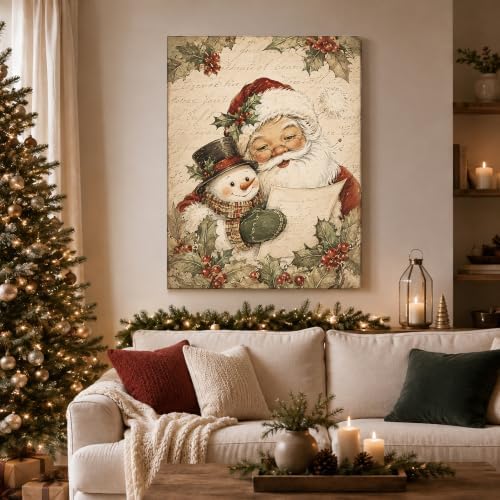 Christmas Canvas Wall Art, Santa Claus with Cute Snowman Canvas Prints, alternate view 2