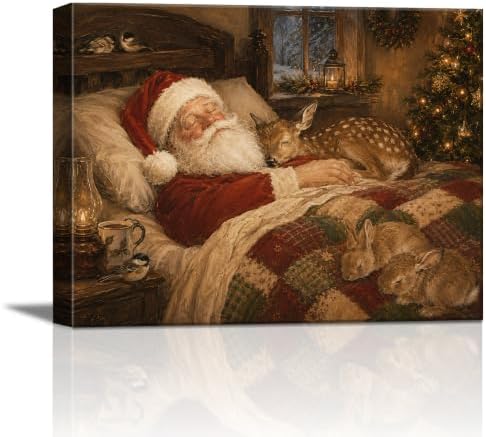 Christmas Canvas Wall Art, Sleeping Santa and Reindeer Canvas Prints