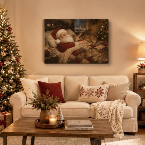 Christmas Canvas Wall Art, Sleeping Santa and Reindeer Canvas Prints, alternate view 2