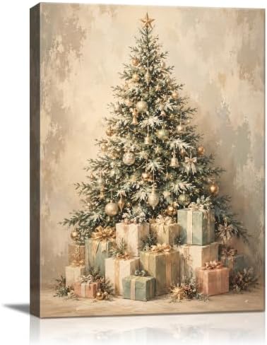 Christmas Canvas Wall Art, Snowy Christmas Tree Gift Boxes Canvas Prints