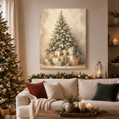 Christmas Canvas Wall Art, Snowy Christmas Tree Gift Boxes Canvas Prints, alternate view 2