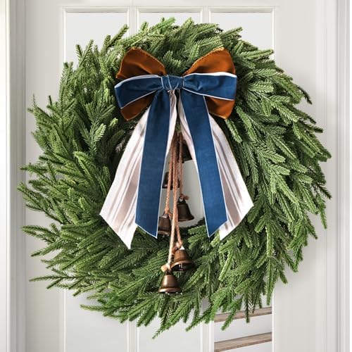 Christmas Decor, 22" Norfolk Pine Christmas Wreath with Bells and Ribbon in Green