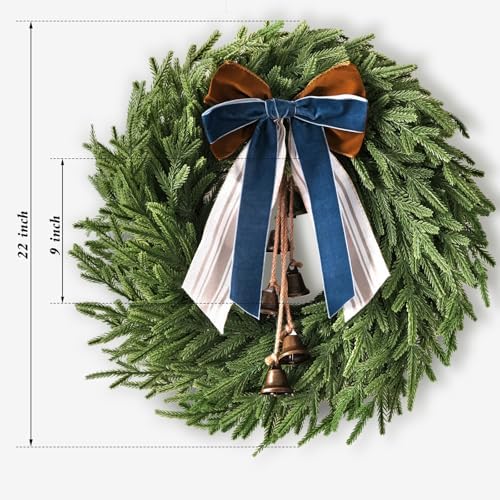 Christmas Decor, 22" Norfolk Pine Christmas Wreath with Bells and Ribbon in Green, alternate view 2