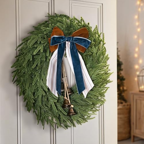 Christmas Decor, 22" Norfolk Pine Christmas Wreath with Bells and Ribbon in Green, alternate view 4