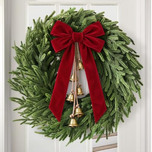 Christmas Decor, 24" Norfolk Pine Christmas Wreath with Velvet Bow & Bells