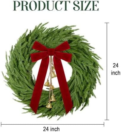 Christmas Decor, 24" Norfolk Pine Christmas Wreath with Velvet Bow & Bells, alternate view 2