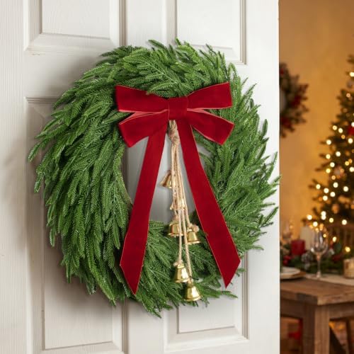 Christmas Decor, 24" Norfolk Pine Christmas Wreath with Velvet Bow & Bells, alternate view 4