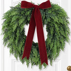 Christmas Decorations -22 Inch Artificial Cedar Wreath with Red Velvet Bow in Green