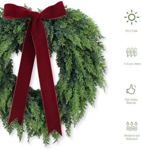 Christmas Decorations -22 Inch Artificial Cedar Wreath with Red Velvet Bow in Green, alternate view 2