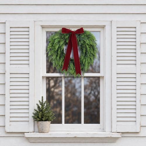 Christmas Decorations -22 Inch Artificial Cedar Wreath with Red Velvet Bow in Green, alternate view 3