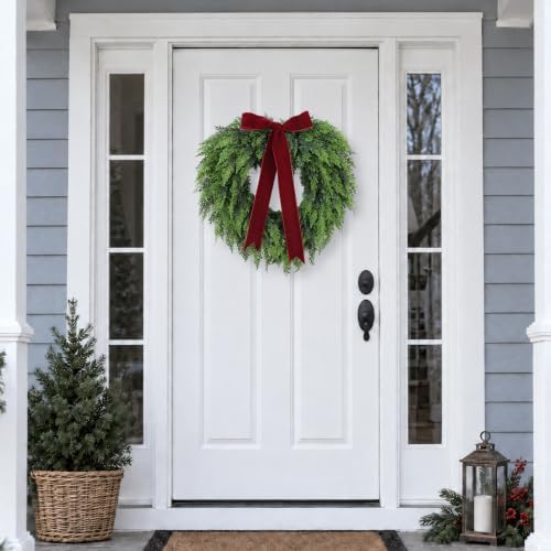 Christmas Decorations -22 Inch Artificial Cedar Wreath with Red Velvet Bow in Green, alternate view 4