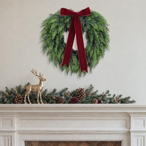 Christmas Decorations -22 Inch Artificial Cedar Wreath with Red Velvet Bow in Green, alternate view 5