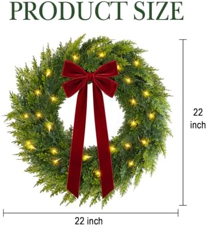 Christmas Decorations, 22 Inch Pre-Lit Christmas Wreath with Red Velvet Bow, alternate view 2