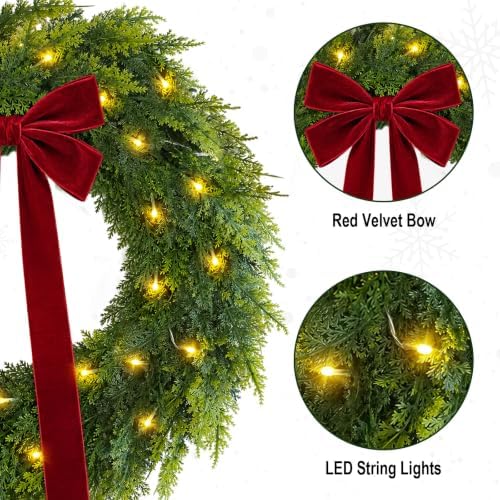 Christmas Decorations, 22 Inch Pre-Lit Christmas Wreath with Red Velvet Bow, alternate view 3